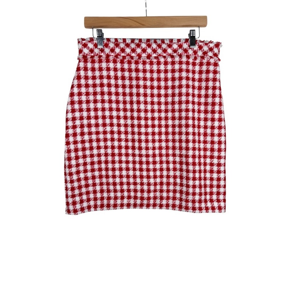 Ann Taylor Petite Women's Gingham Fringe Tweed Skirt Size 10P‎ Red White